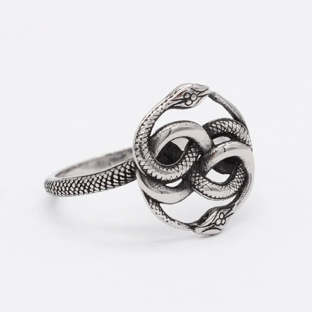 Titanium steel double snake ring with retro styling and steel colour finish