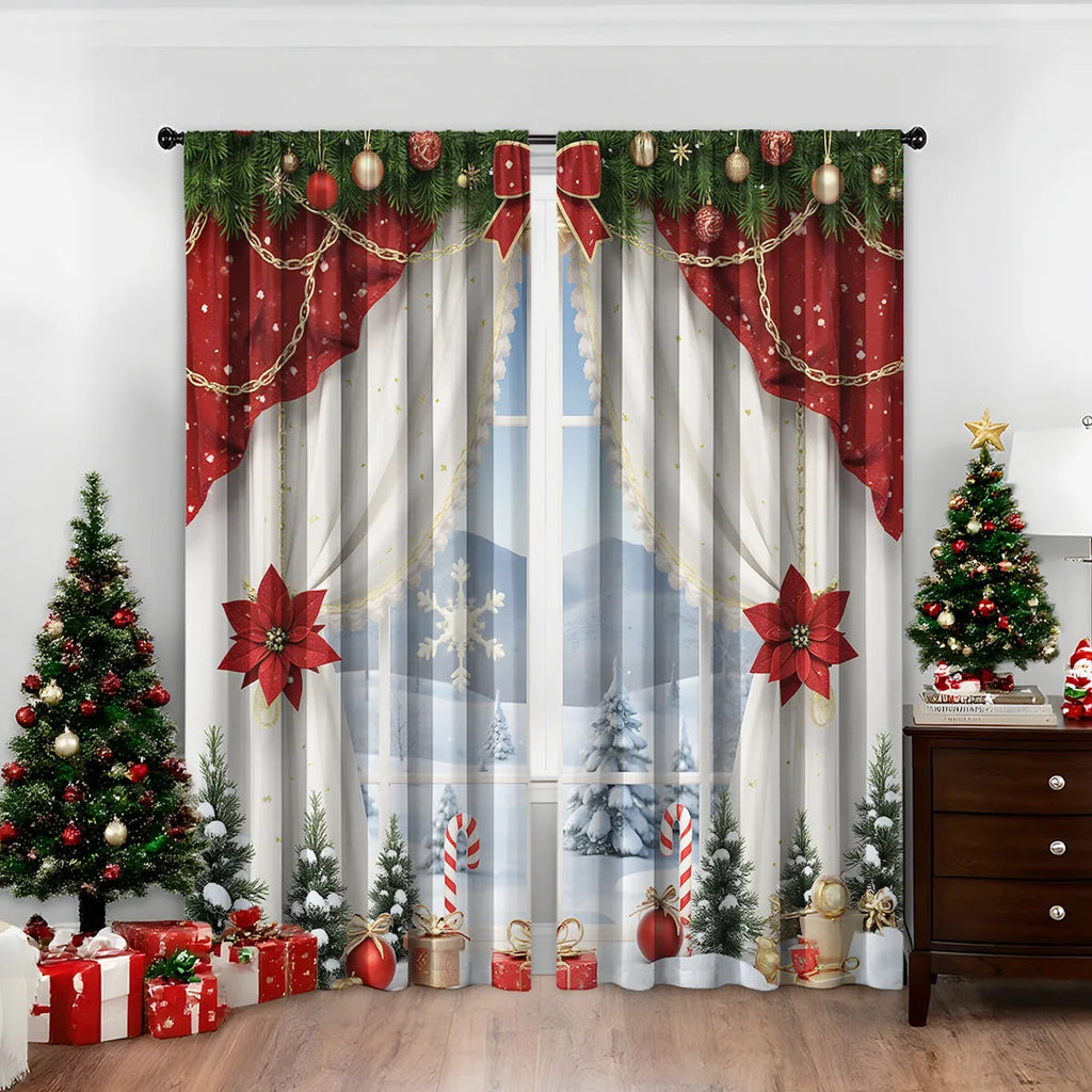 3D printed Christmas curtains with festive designs on polyester fabric, showing European-style patterns
