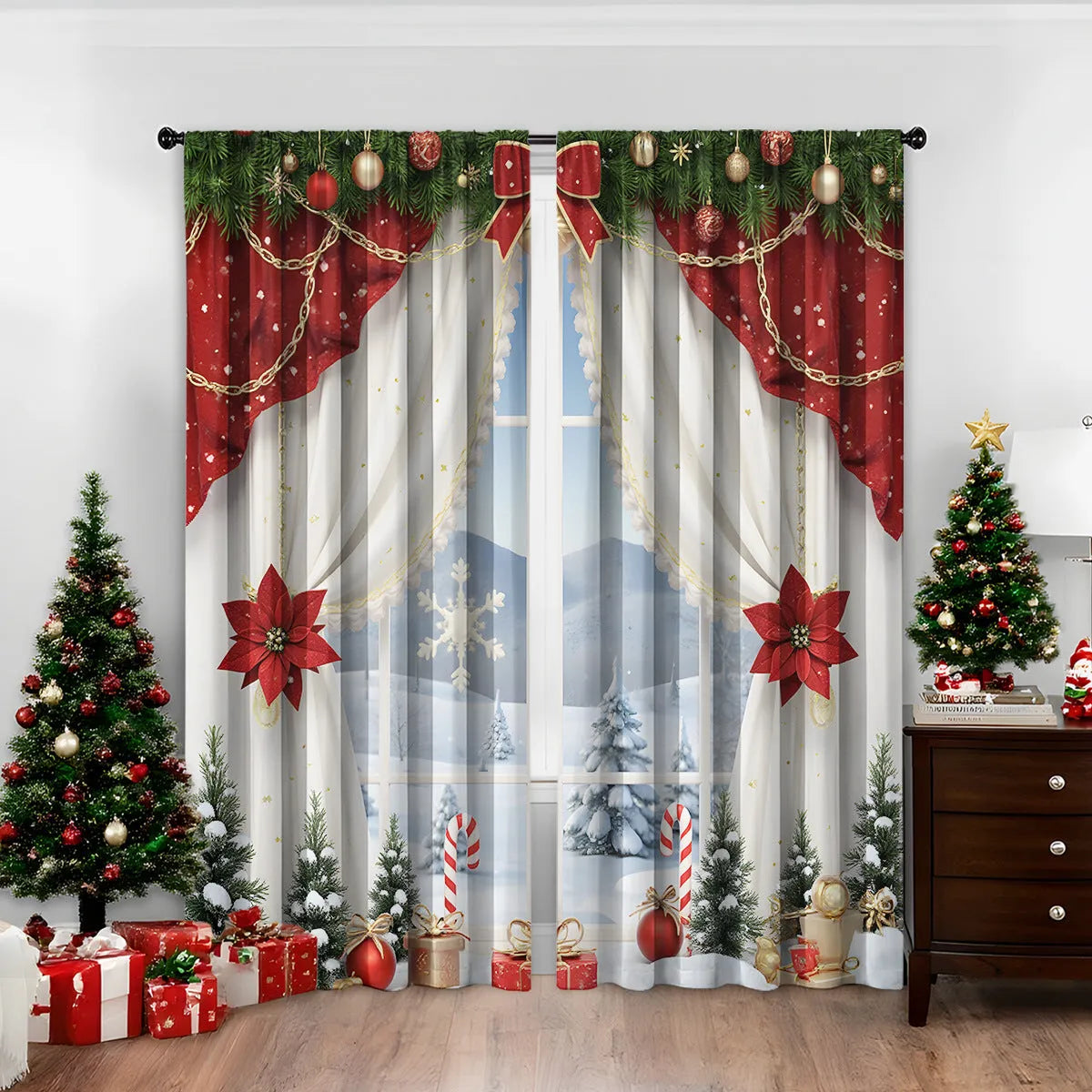 3D printed Christmas curtains with festive designs on polyester fabric, showing European-style patterns