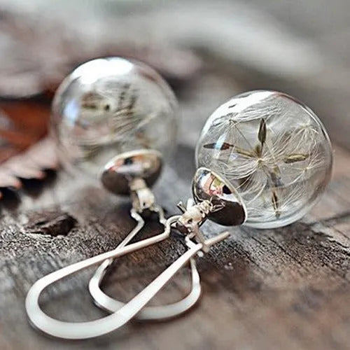 Clear glass dandelion seed earrings with crystal ball design on ear hook