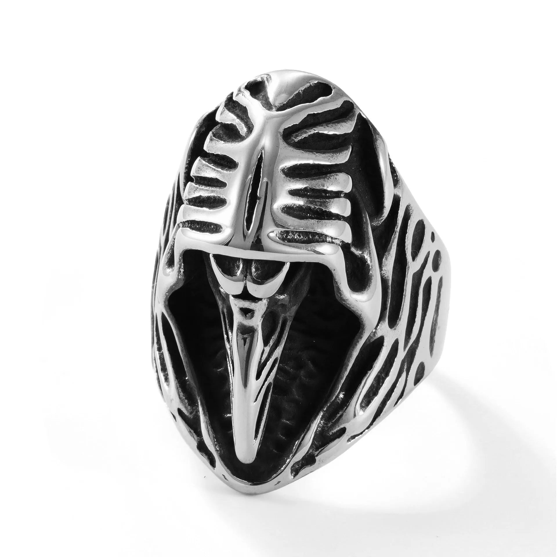 Crow motif geometric titanium steel ring in MR166 colour with retro styling