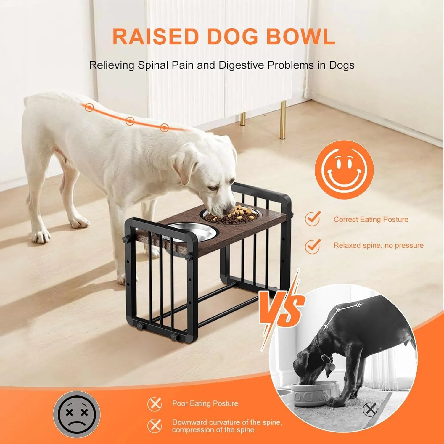 Black wooden dog bowl bracket measuring 37cm by 23cm on a hard floor