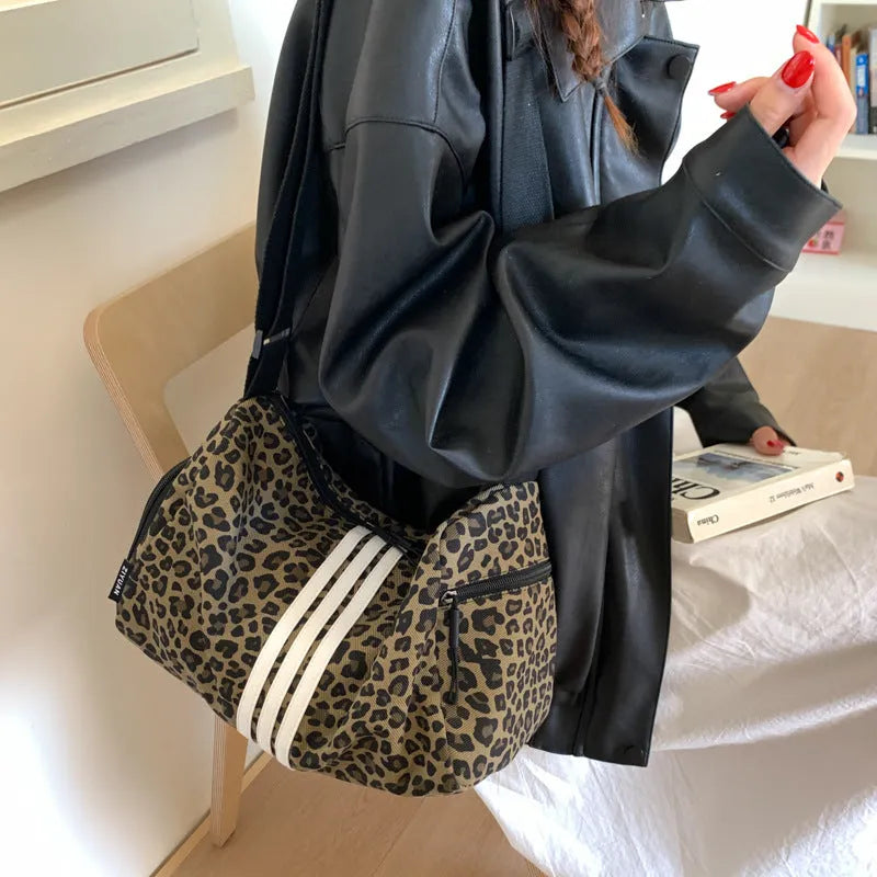 Large capacity leopard print cloth messenger bag with cross-body strap