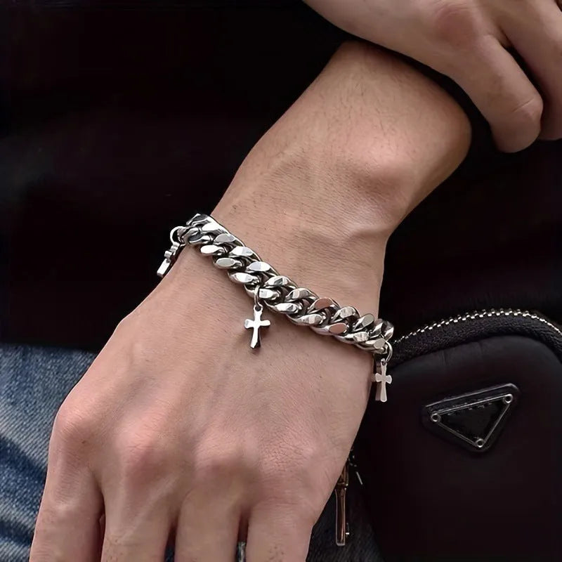 Men's titanium steel cross bracelet with geometric pendant in cold wind style