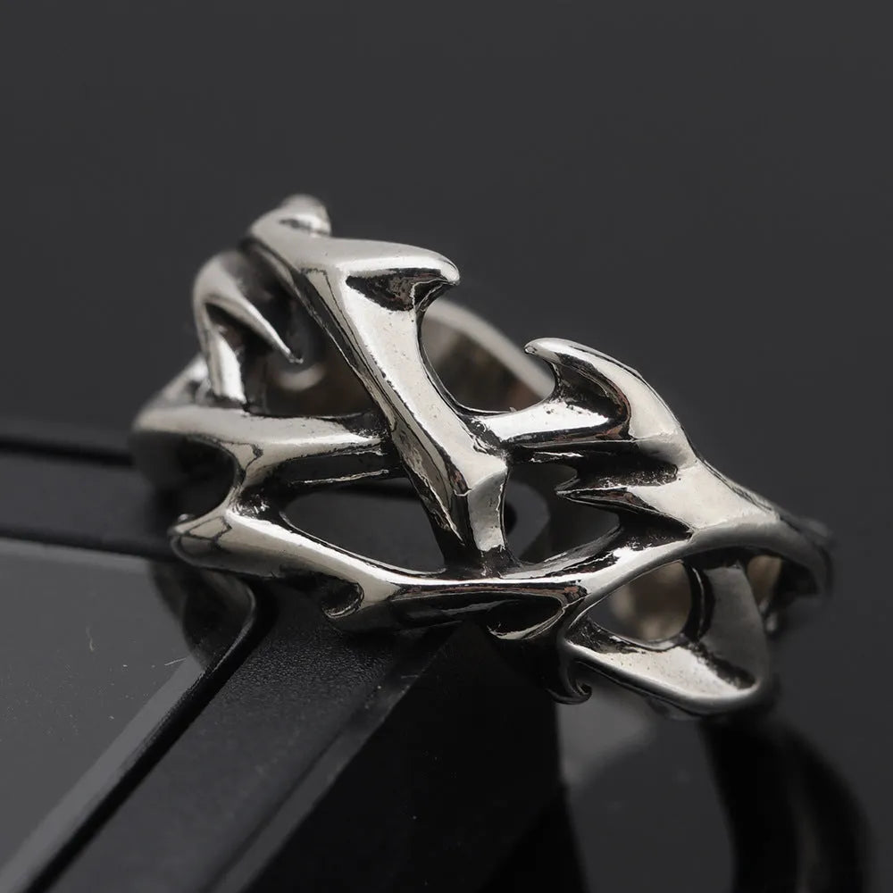 Adjustable copper thorn flower ring with geometric design and flexible opening