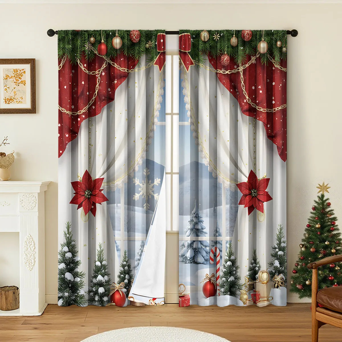 3D printed Christmas curtains with festive designs on polyester fabric, showing European-style patterns