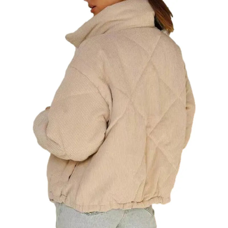 Apricot-coloured women's corduroy jacket with a stand collar and front zipper.