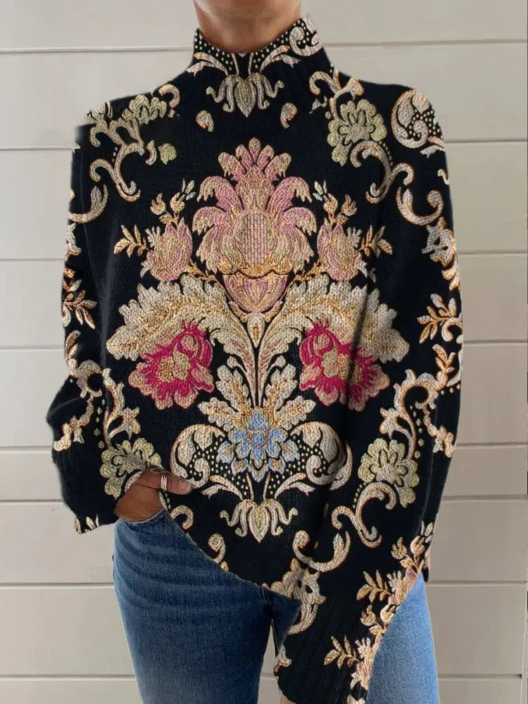 Black 3D pattern printed turtleneck sweater with loose fit and regular sleeves