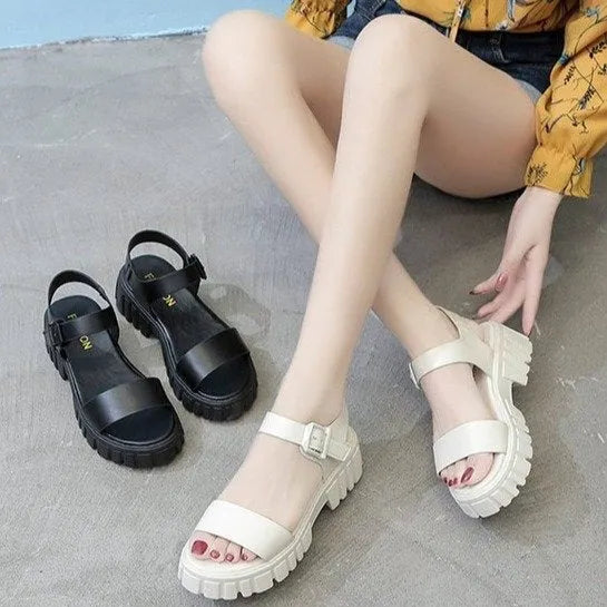 Women's beige peep toe ankle-strap buckle platform sandals with fish mouth toe design