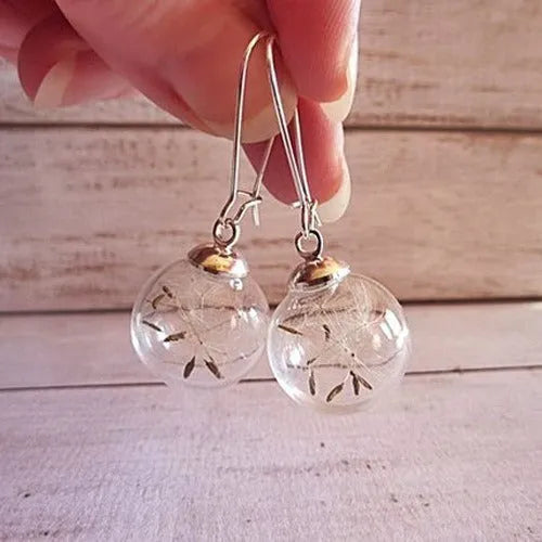 Clear glass dandelion seed earrings with crystal ball design on ear hook