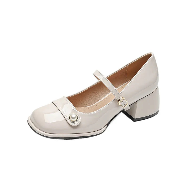 Women's patent leather ankle boots with chunky block heel and buckle fastening in three colour options