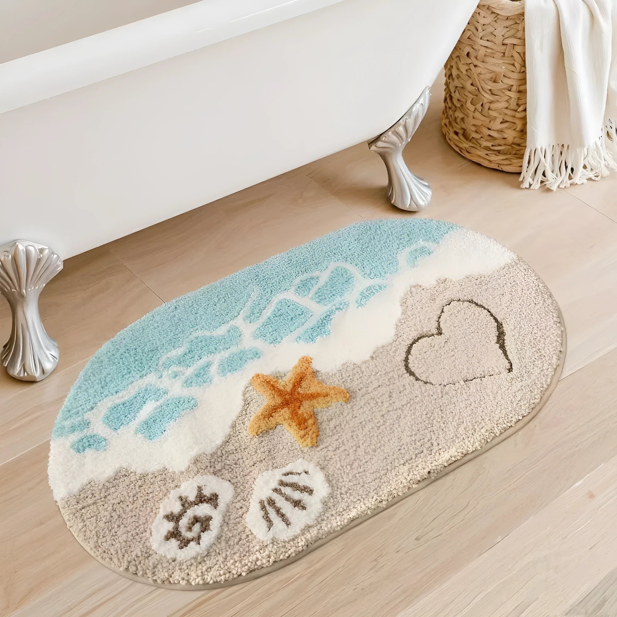 Square rainbow pattern floor mat with plastic bottom in Sky Sea colour, shown in 40x60cm size