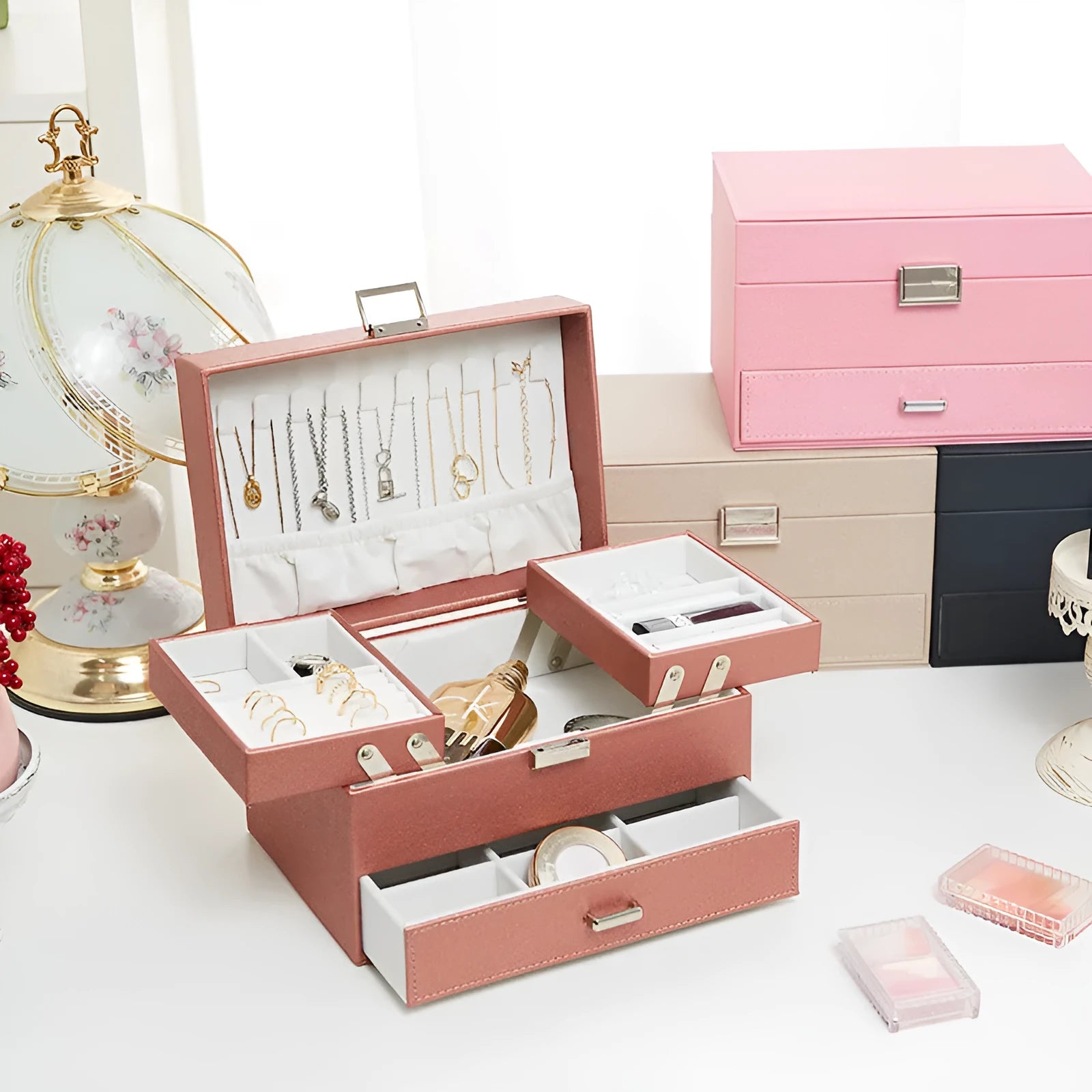 Hard PU leather jewellery storage box in beige, black, pink, or rose gold, dimensions 22.5cm by 15.5cm by 14cm