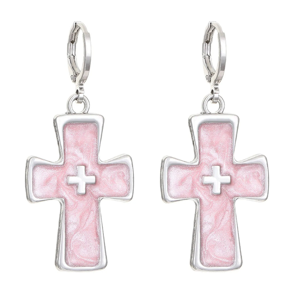 Women's alloy crystal earrings showing five colour options: white cross, white peach heart, white cross, black cat, and antique silver star design.