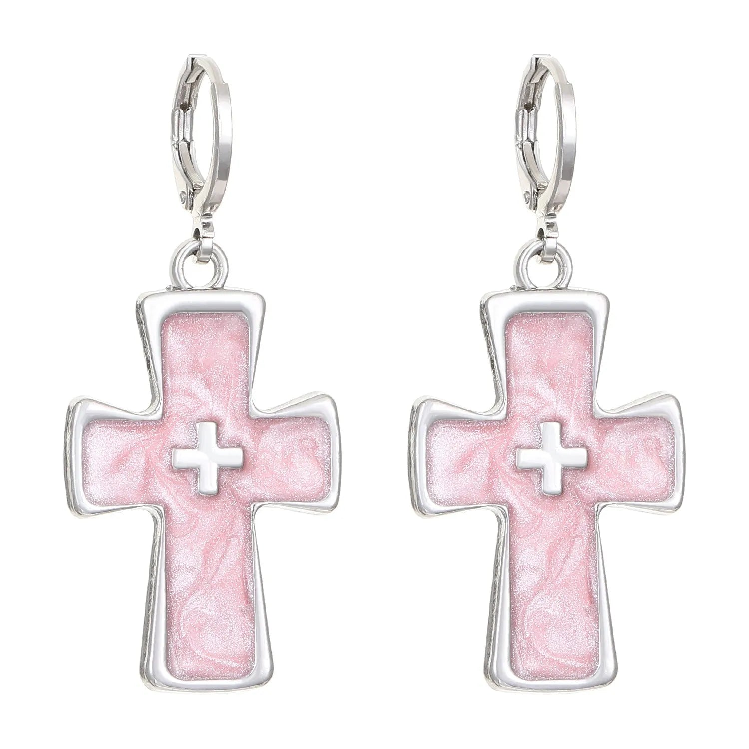 Women's alloy crystal earrings showing five colour options: white cross, white peach heart, white cross, black cat, and antique silver star design.