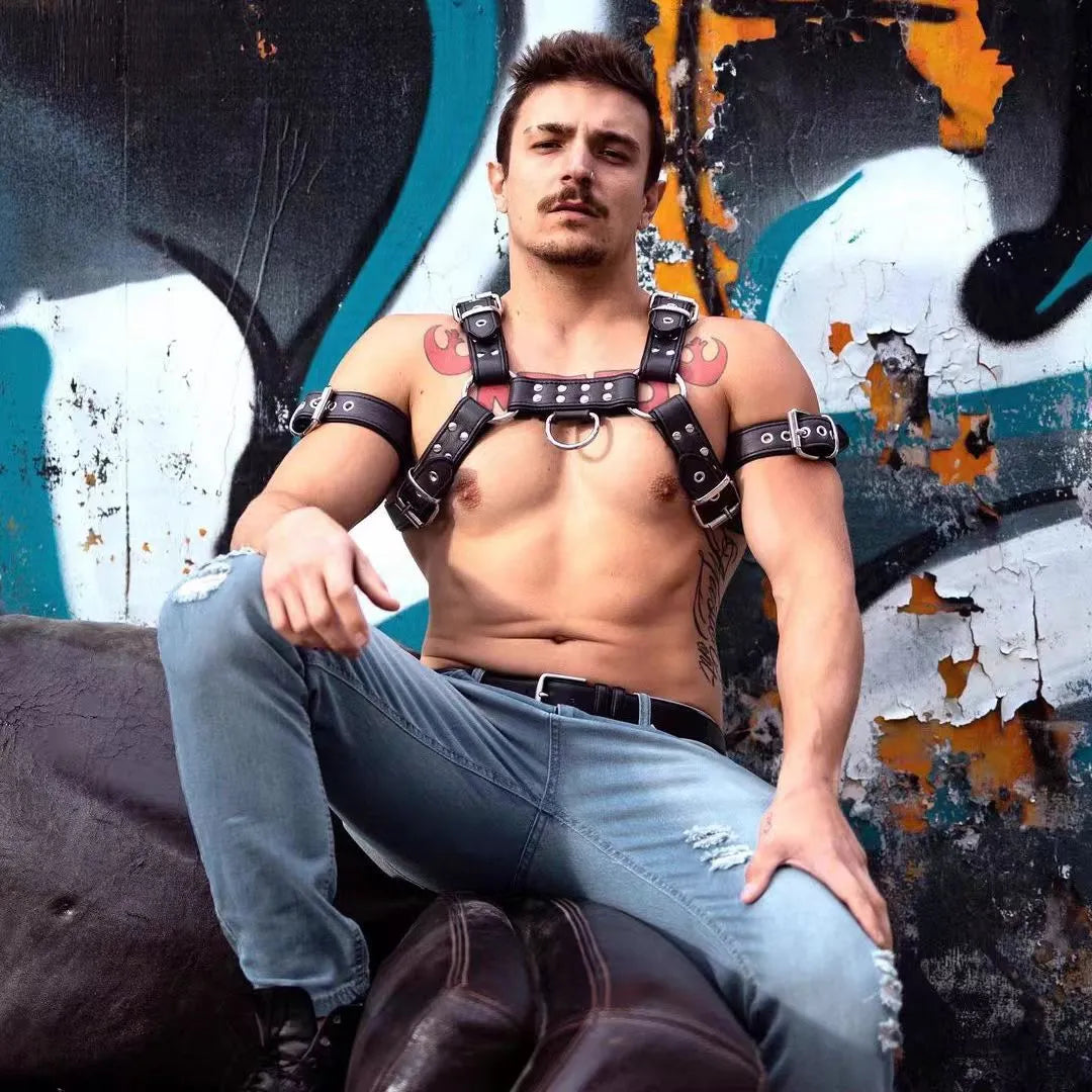 Black leather chest harness strap with metal buckle for men