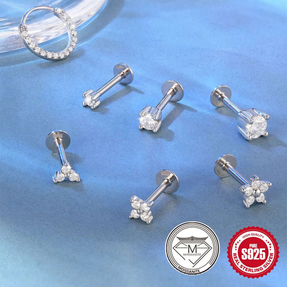Platinum-plated sterling silver geometric petal stud earrings with ear clip fitting in multiple style options