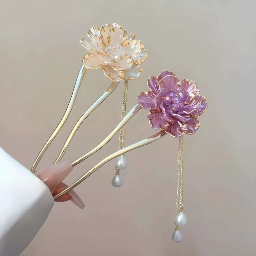 Purple and white alloy U-shaped hairpin with a retro peony flower tassel design.