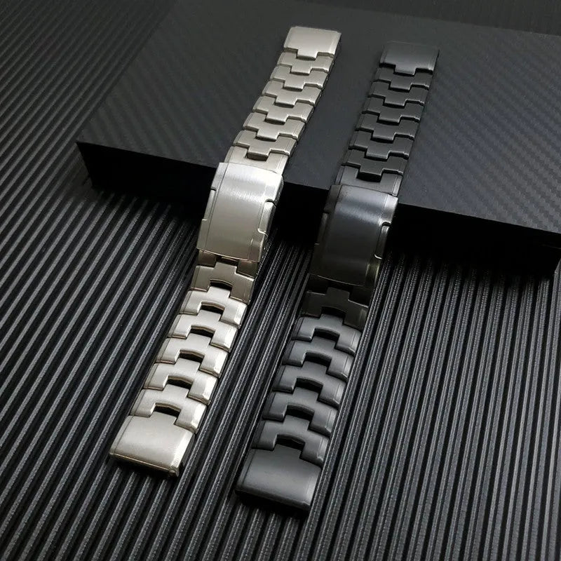 Simple replacement watch strap for Garmin Jiaming and Fenix models in black, silver, and titanium colour.
