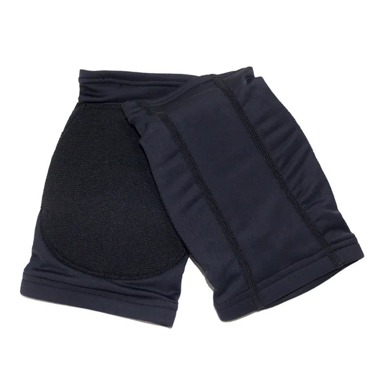 A pair of flexible black ballet knee pads for dance and yoga exercise, shown with a sizing chart.