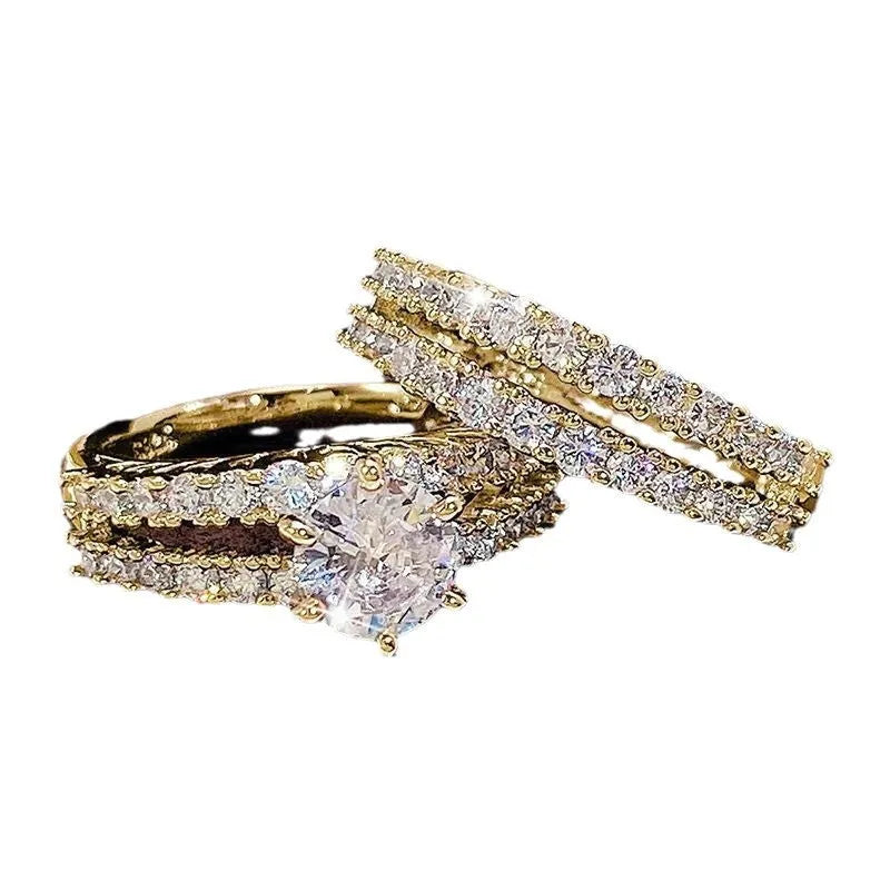 Two fully jewelled women's rings in a set, shown in gold, rose gold, and silver colour options.
