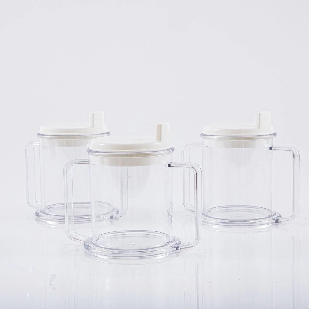 Transparent PP plastic drinking cup with spill-proof lid showing 14cm height