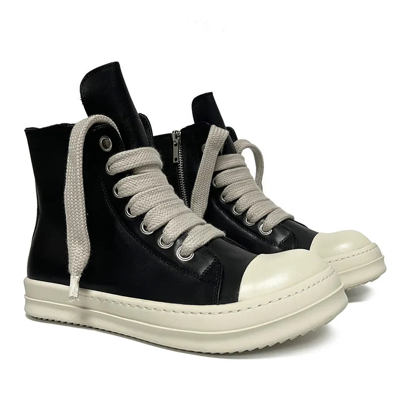 Black genuine leather high-top sneakers with a side zipper on a mid-heel platform sole.