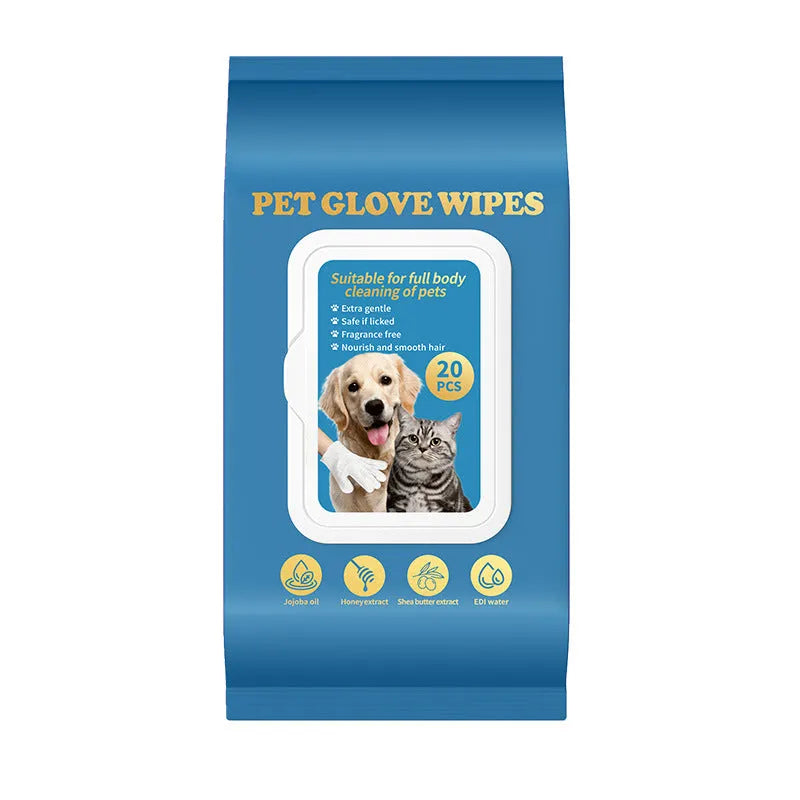 Pack of disposable wash-free pet gloves for cat and dog bathing and cleaning