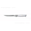 VG10 Damascus steel chef's knife with 21cm blade on a kitchen counter.