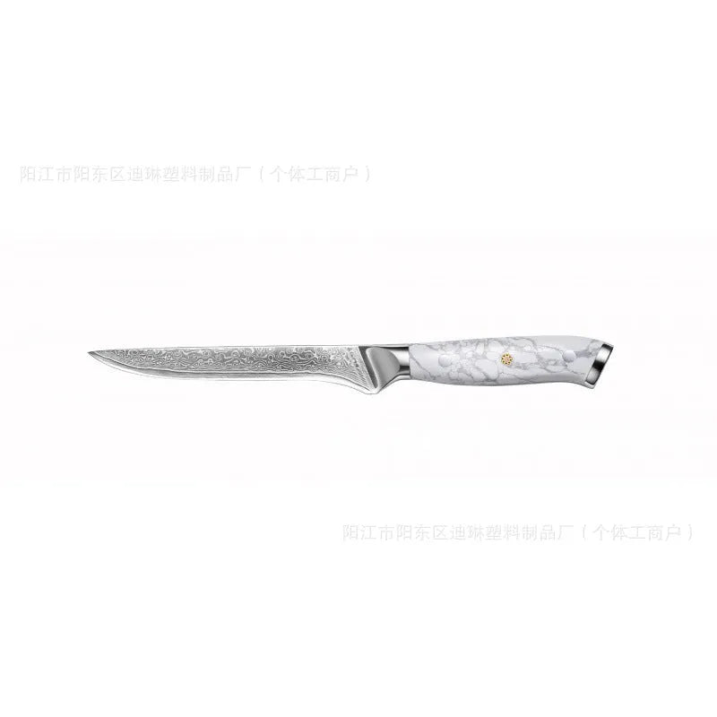 VG10 Damascus steel chef's knife with 21cm blade on a kitchen counter.
