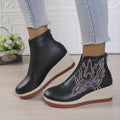 Embroidered thick version retro ankle boots for women in solid colour, artificial PU upper, rubber sole, available in black and brown.