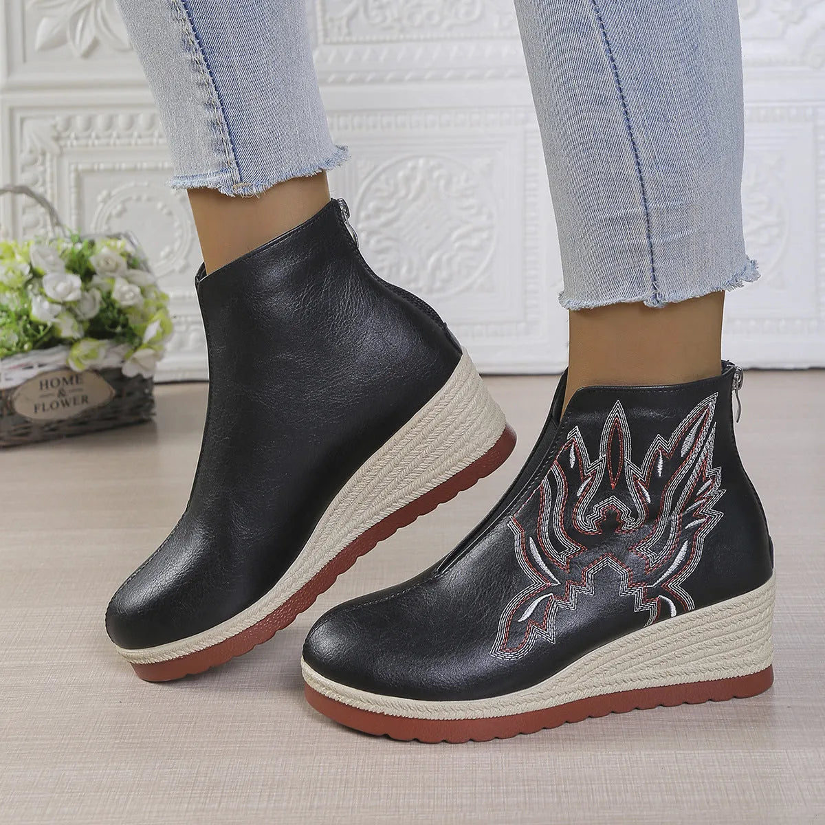 Embroidered thick version retro ankle boots for women in solid colour, artificial PU upper, rubber sole, available in black and brown.