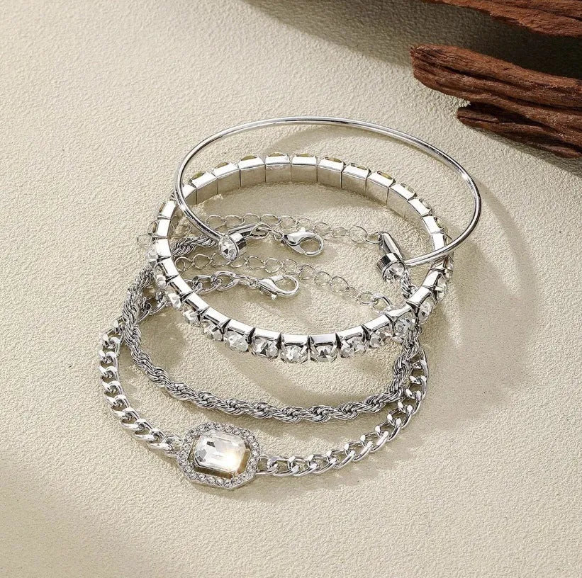 Women's four-piece retro geometric bracelet set in gold or silver alloy with square diamond design