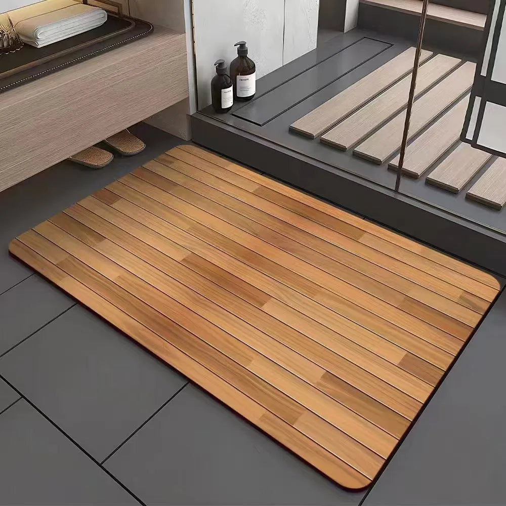 Square diatomite bath mat with a geometric wood grain pattern in a bathroom setting.