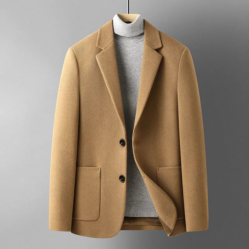 Men's solid colour slim fit wool suit jacket on a hanger in grey, black, or camel.