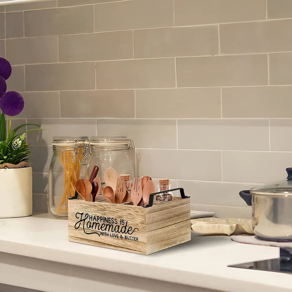 Wooden kitchen storage box with grid divider for organising cutlery and utensils