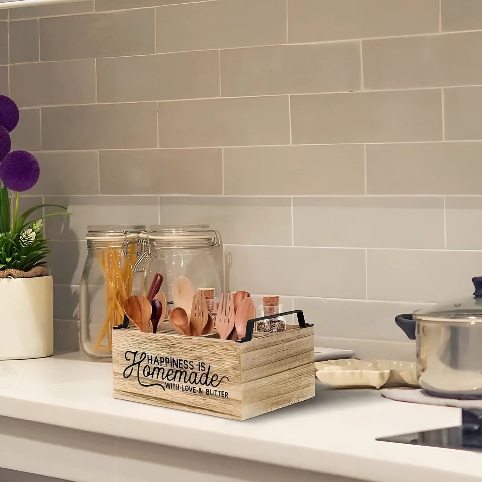 Wooden kitchen storage box with grid divider for organising cutlery and utensils