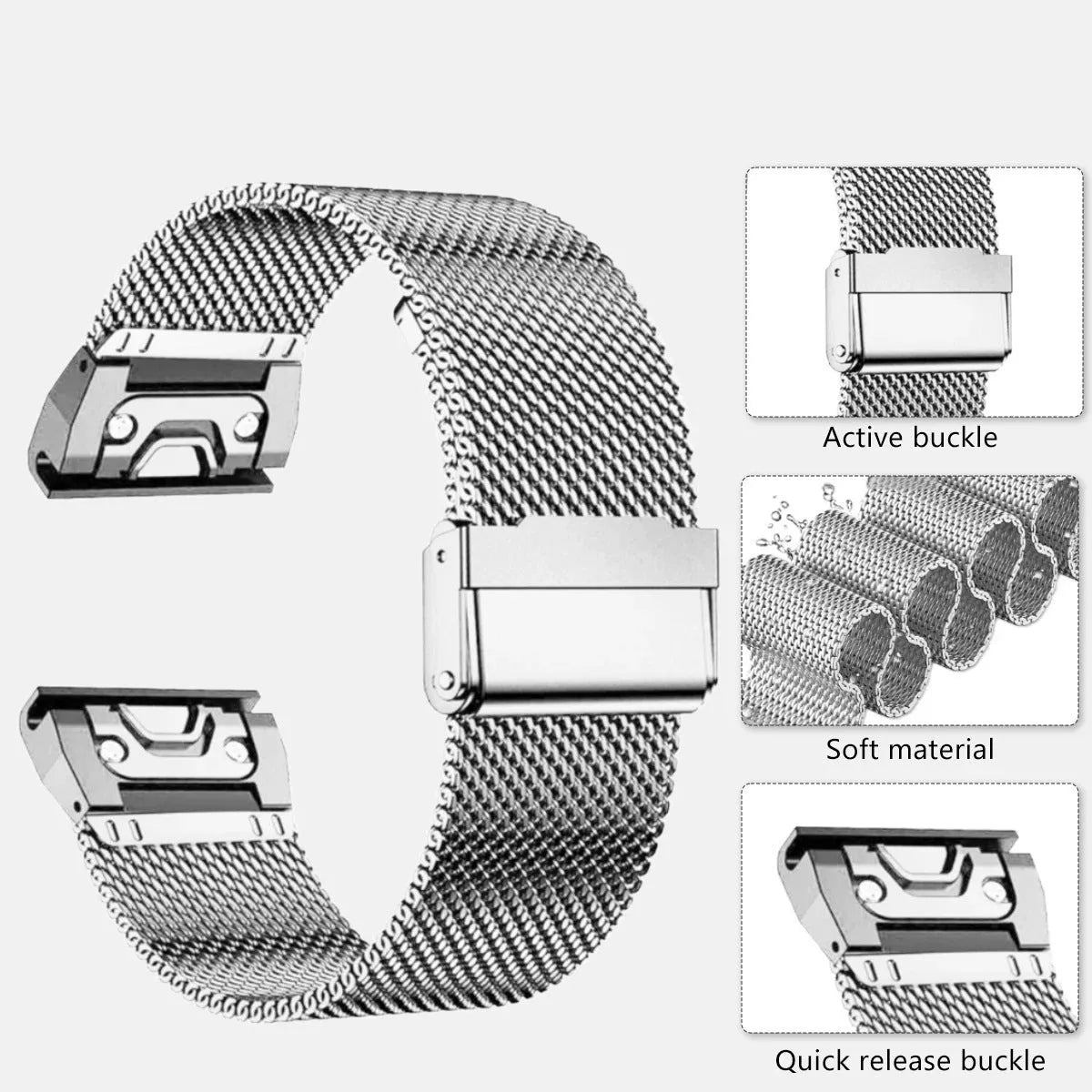 Stainless steel watch strap for Garmin Fenix in silver, black, gold, and rose gold colour options