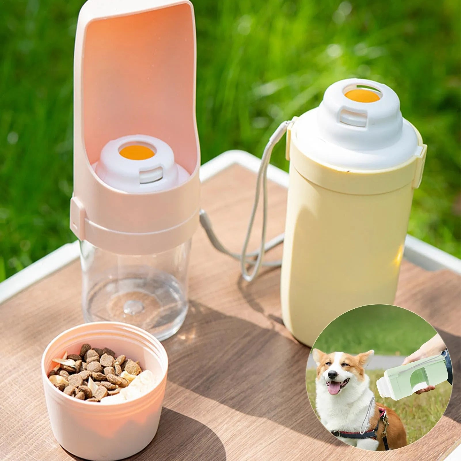 Green 2-in-1 travel dog water bottle with lanyard, showing water dispenser and food container compartments.
