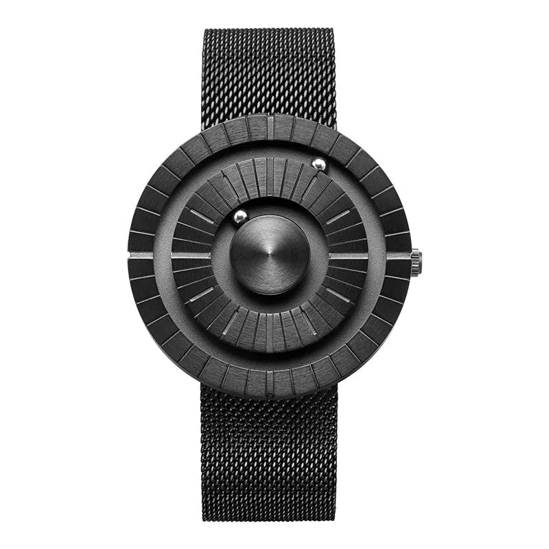 Bead men's creative sports watch with round dial and black stainless steel strap