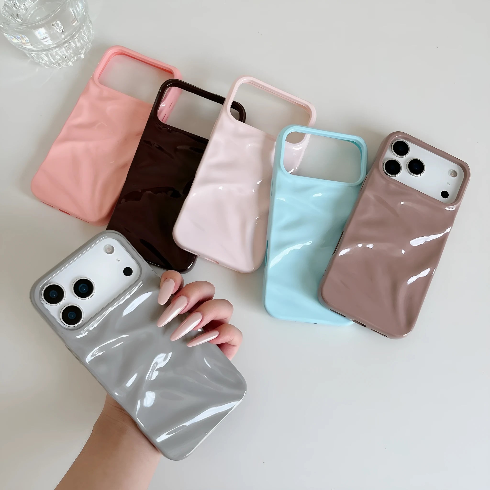 PC soft shell phone case with pleated crepe pattern, anti-fall and anti-fingerprint, for iPhone 14-17 series in pink