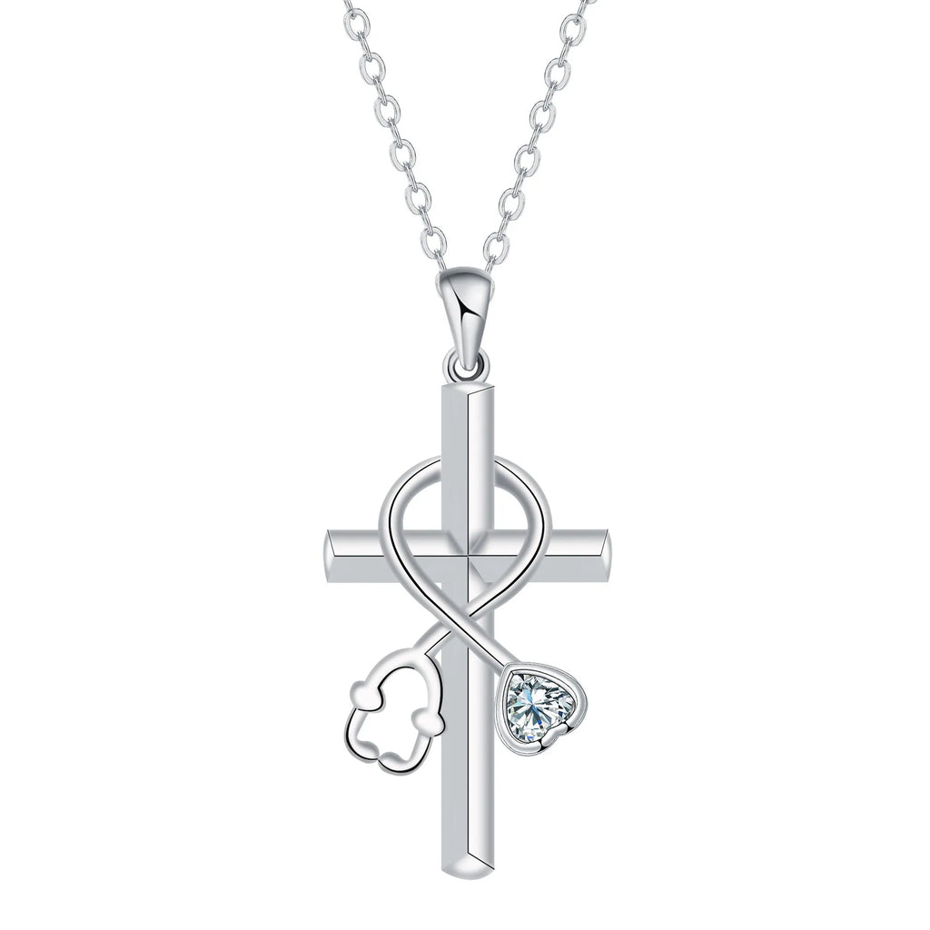 Copper cross necklace with a detailed stethoscope pendant on a chain.