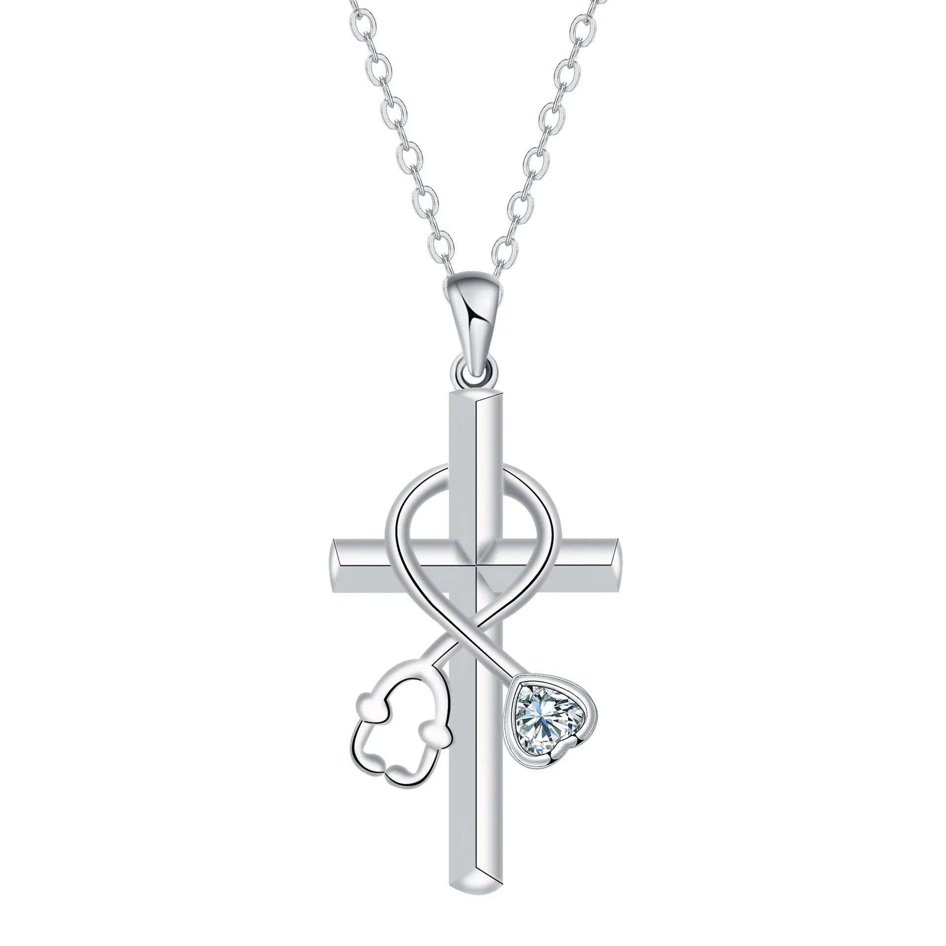 Copper cross necklace with a detailed stethoscope pendant on a chain.