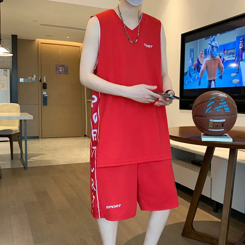 Basketball wear sleeveless vest and shorts sports suit in white, polyester fibre, summer training