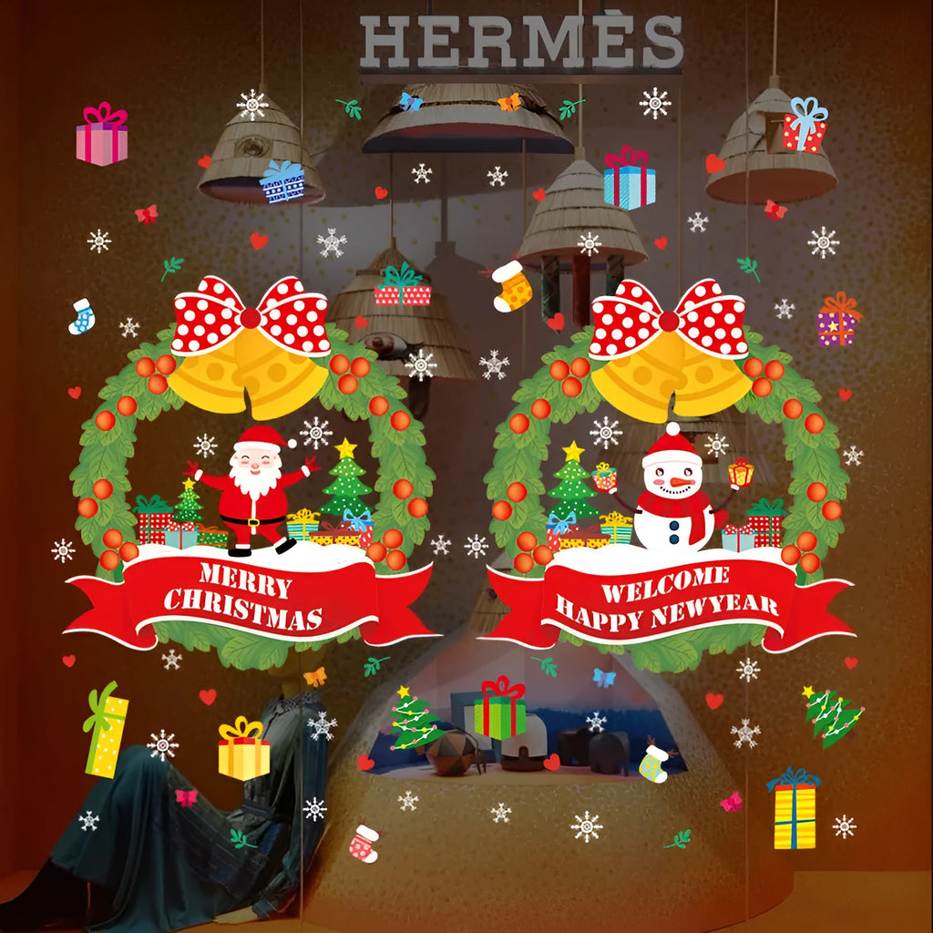 Two large colourful Christmas wall stickers with cartoon patterns measuring 60x45cm each for electrostatic window application