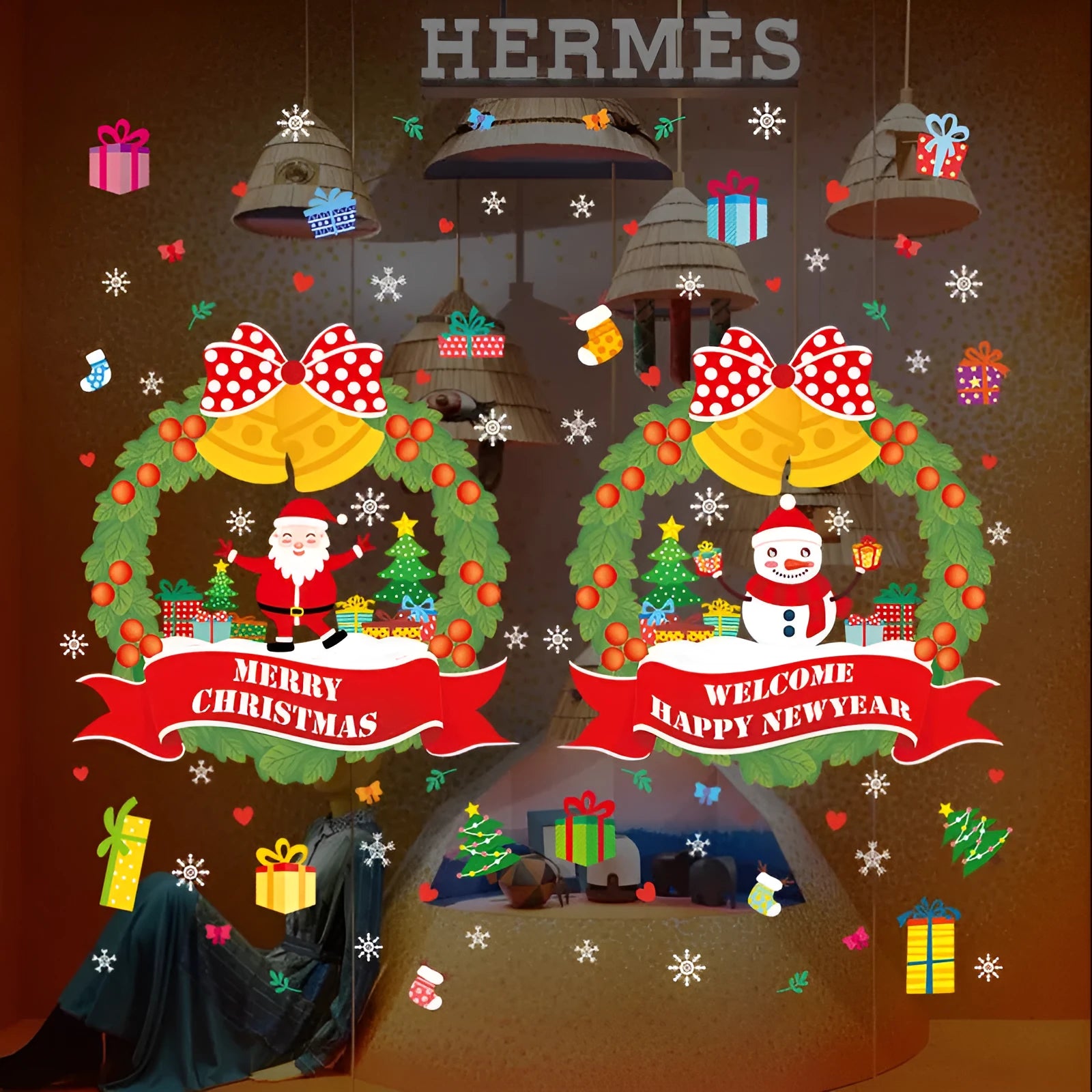 Two large colourful Christmas wall stickers with cartoon patterns measuring 60x45cm each for electrostatic window application