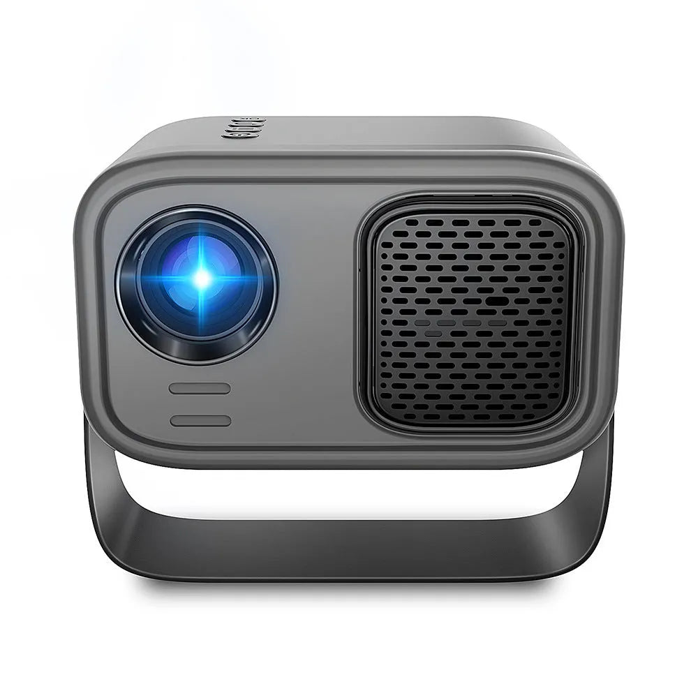 Black portable HD smart projector with remote control on table