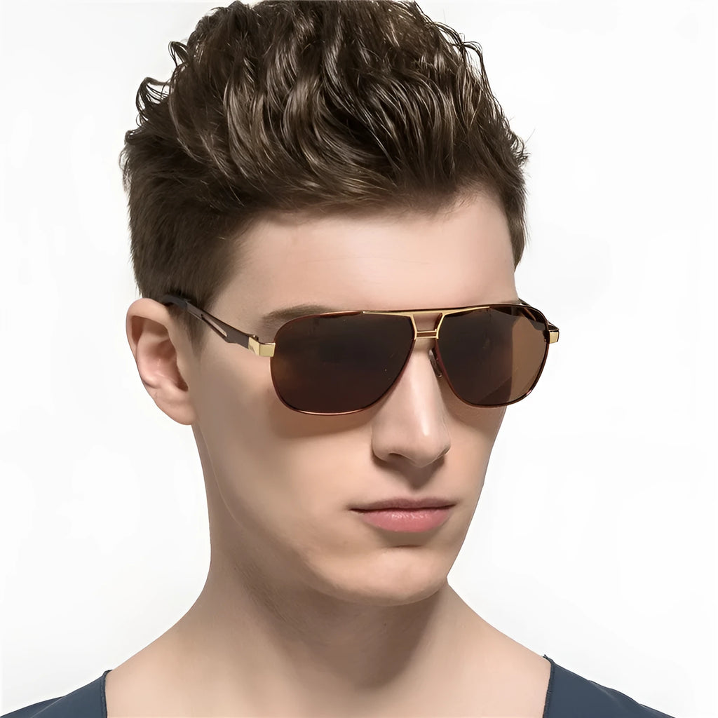 Men's polarised aviator sunglasses with orange red metal frame and HD TAC lenses