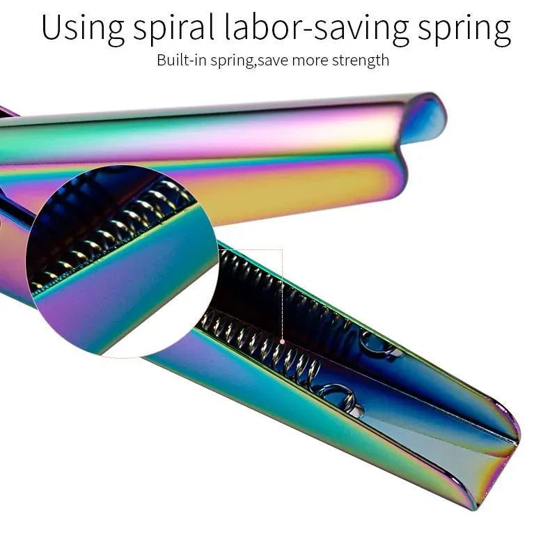 Stainless steel nail art tool set with rainbow, gold, and silver trimmer, clipper, and edge cutter