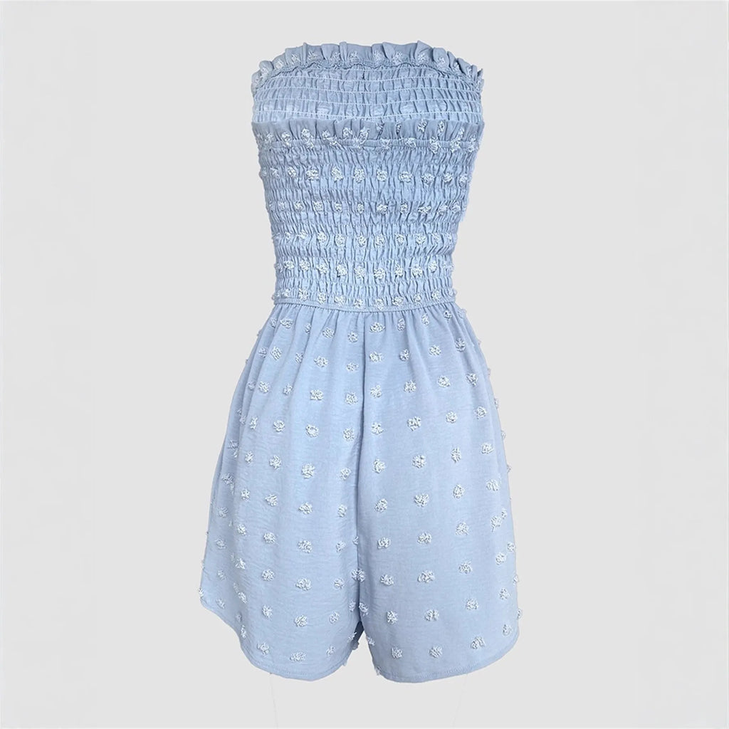 Women's solid colour off-shoulder jumpsuit in polyester fabric showing sleeveless design and mid waist fit